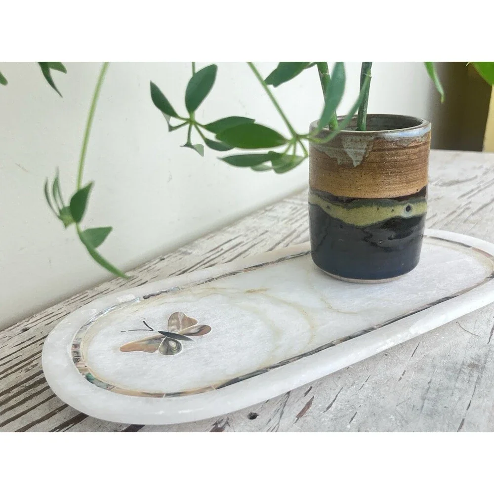 Vintage White Quartz Butterfly Mother-Of-Pearl Inlay Decorative Trinket Tray 12”